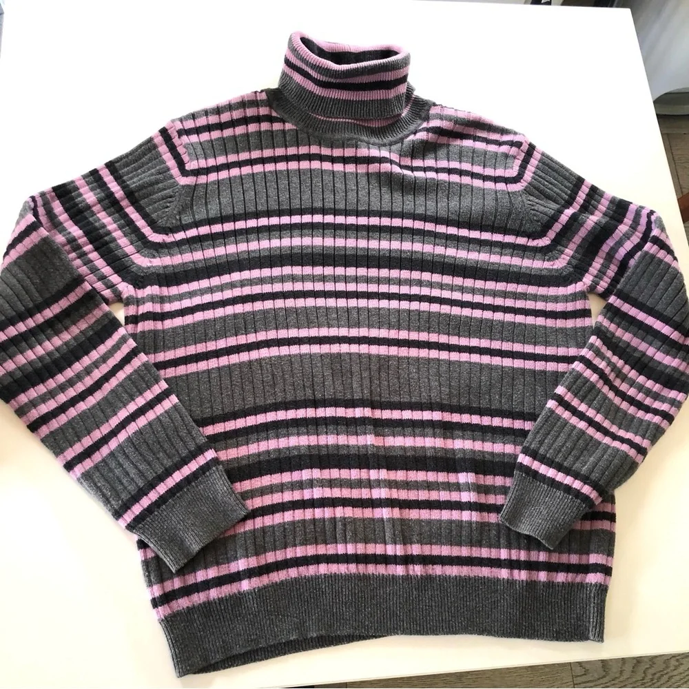 Vintage Jeanne Pierre 100% Cotton Ribbed Turtleneck Sweater L Lavender Stripe